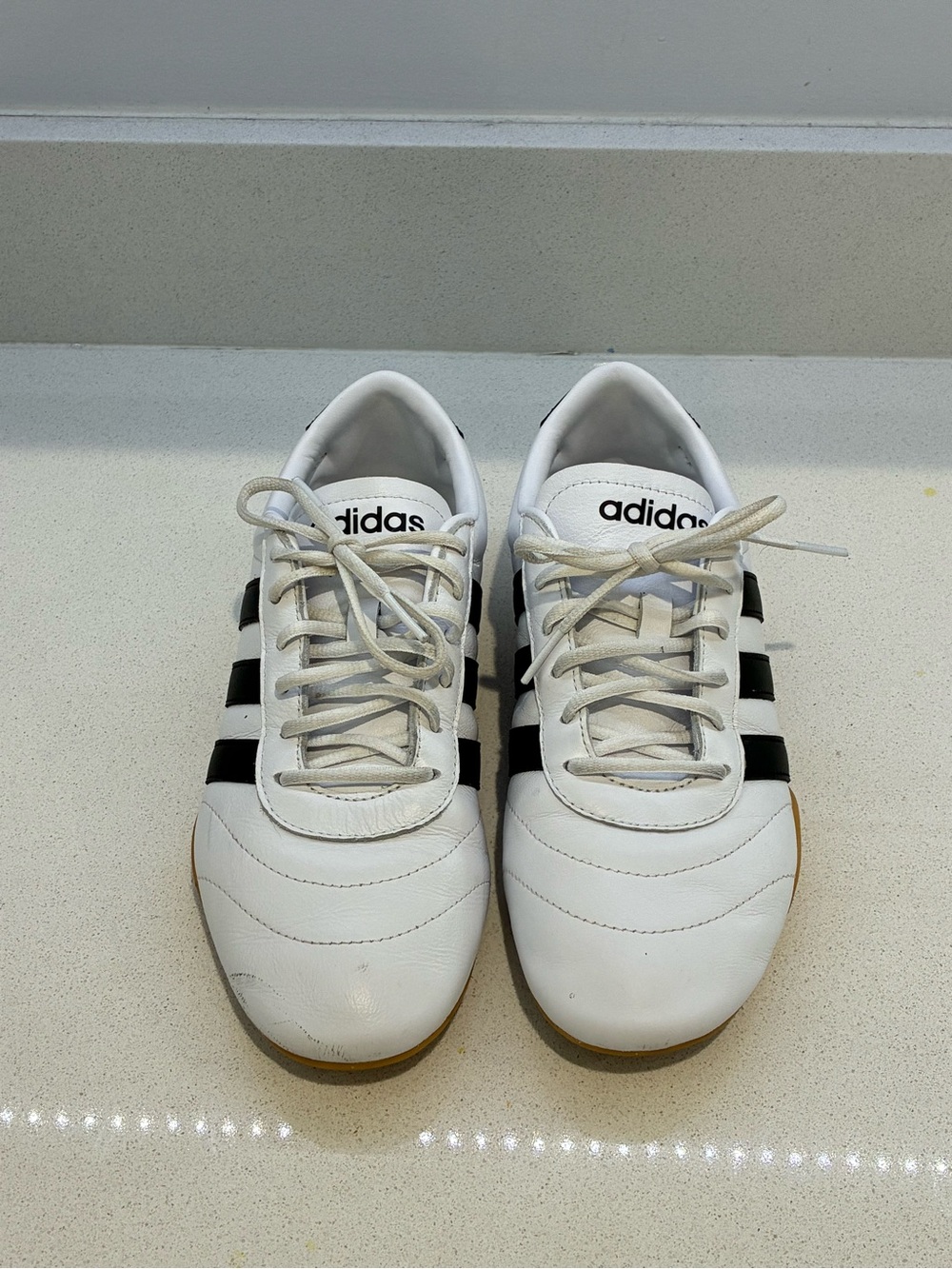 adidas White Sneakers with Black Stripes and Gum Outsole